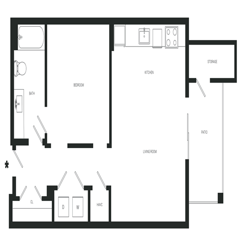 Floor plan for 1 bed, 1 bath, 631 sqft